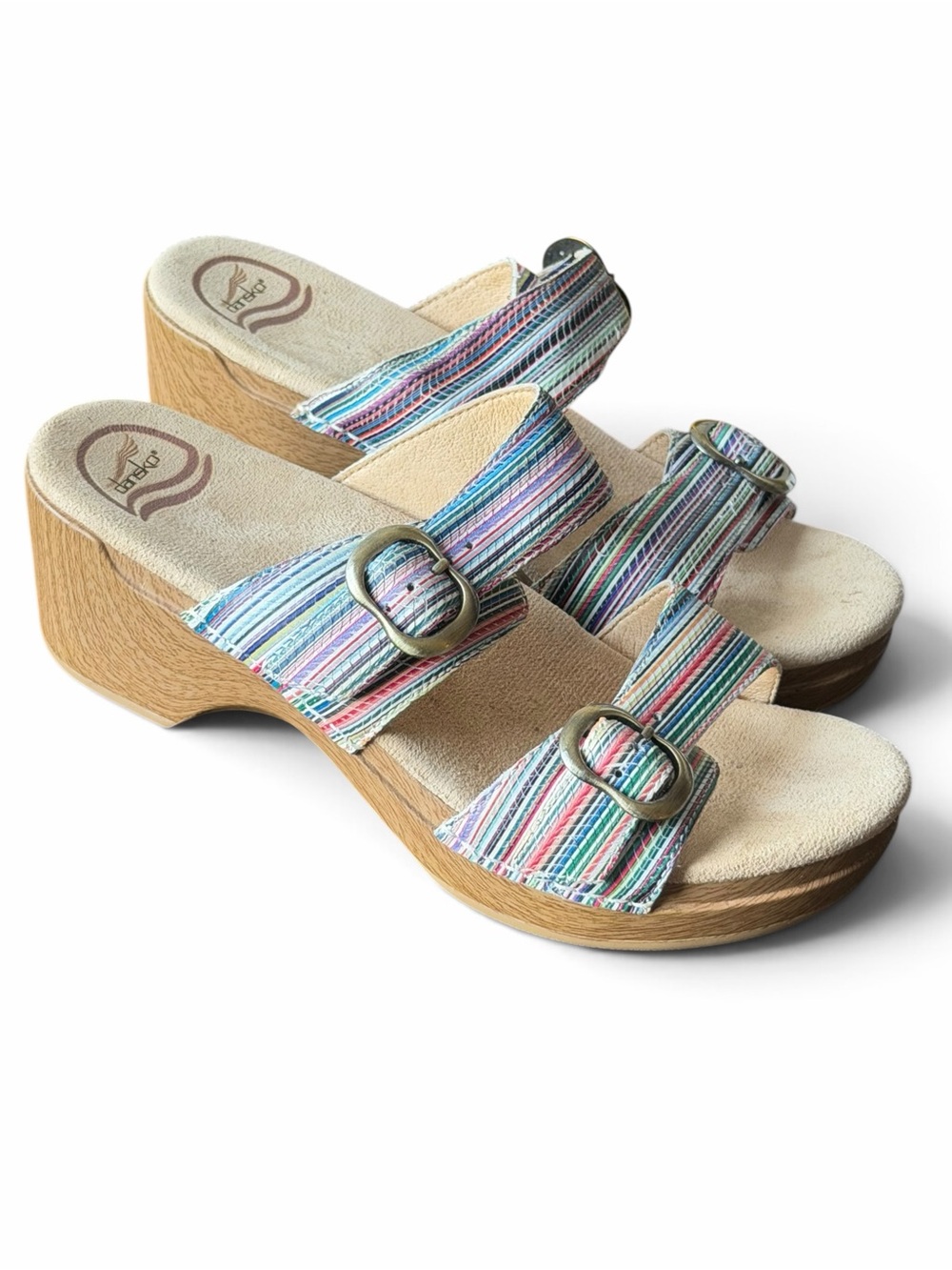Dansko Sophie Rainbow Stripe Leather Buckle Wedge Clog Slide Sandals EU 38